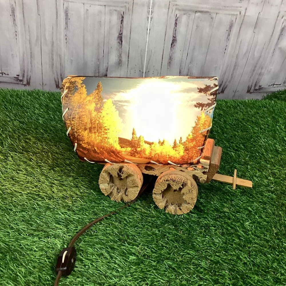 Vintage Western Wood Covered Wagon Lamp With Hitch